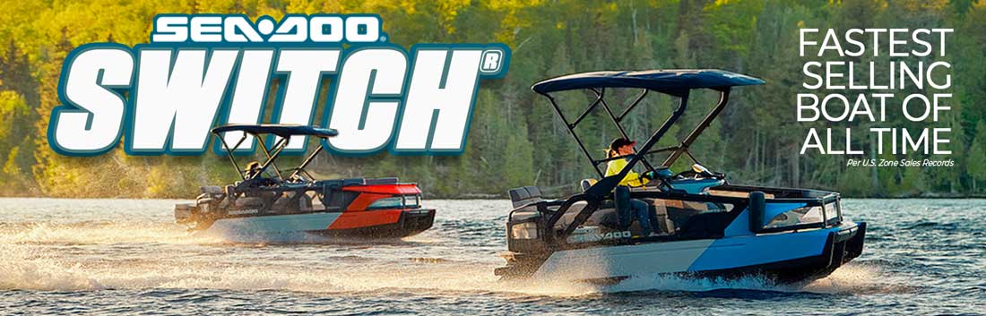 images showing best lowest out the door price Sea-Doo® Switch pontoon boat bargains clearance sale and jetskis on Wisconsin lake at $10,000 OFF